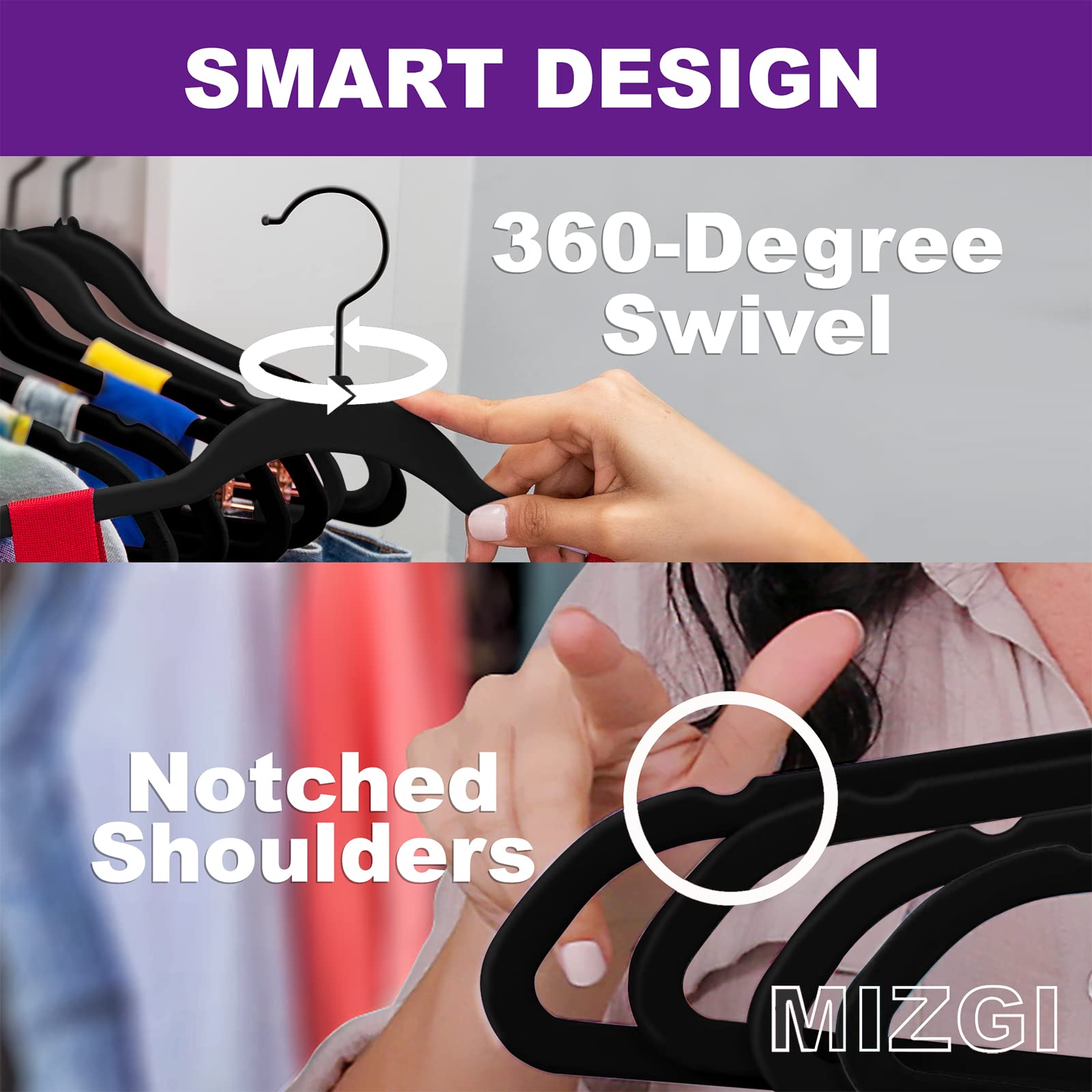 Mizgi Premium All Black Velvet Hangers With Black Hooks (50 Pack) Heavy Duty - Non Slip Felt Hangers - 360 Degree Swivel,Space S